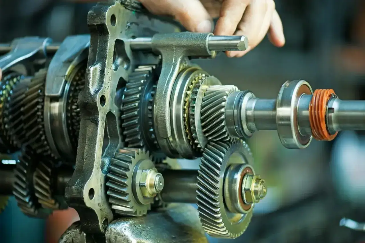 Mechanik reguluje skrzynię bieg&oacute;w, gdzie ciężko wchodzą biegi. Widoczne koła zębate i wałki.