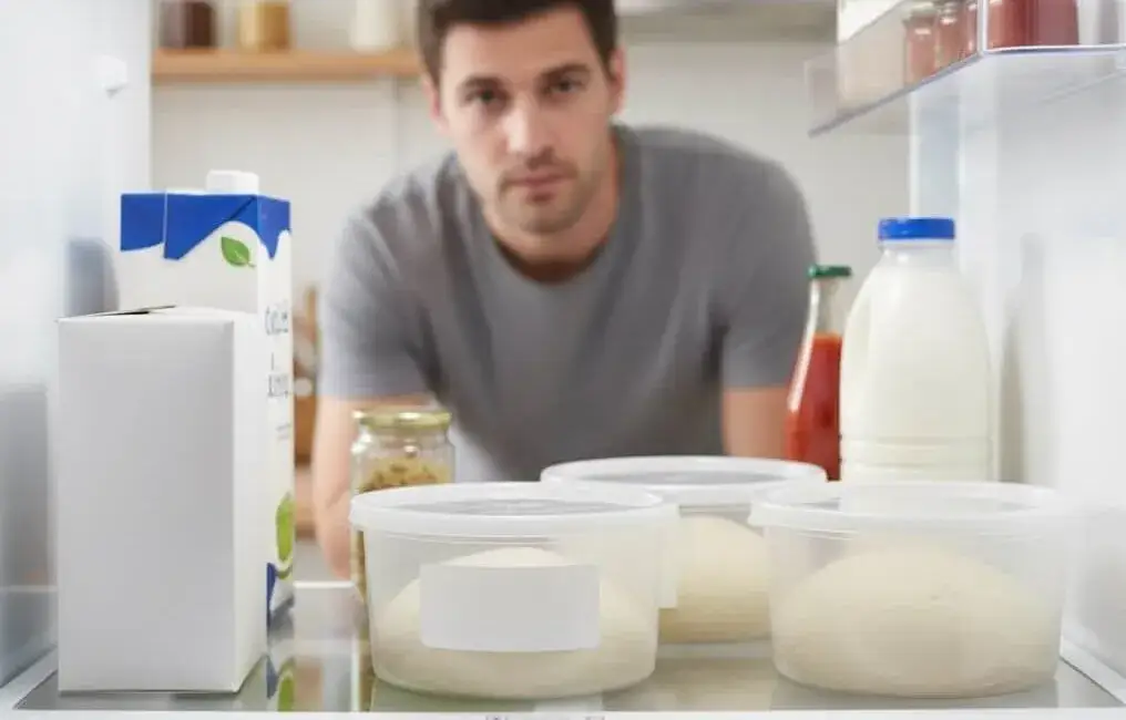 ciasto na pizzę w pojemnikach w lodówce