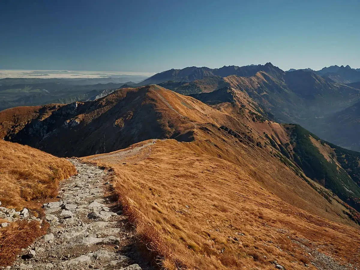 Kamienista ścieżka prowadzi przez trawiaste zbocza ku pasmu g&oacute;rskiemu. W oddali widać majestatyczne czerwone wierchy Białki, oświetlone słońcem.