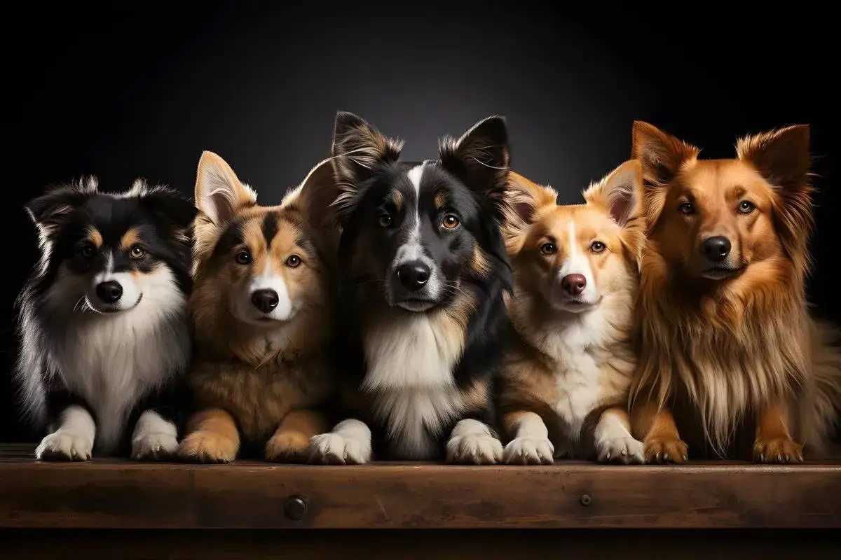 Pięć ps&oacute;w do dogoterapii, w tym border collie i corgi, siedzi na drewnianej ławie.