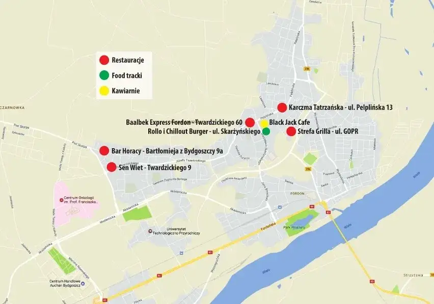 Mapa gastronomiczna Bydgoszczy, restauracje nad Brdą