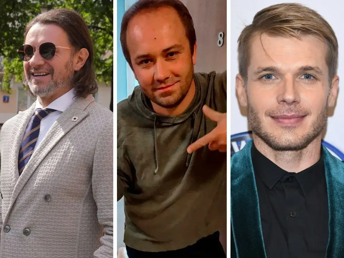 Trzech mężczyzn: Radosław Majdan z długimi włosami, mężczyzna w bluzie i blondyn w garniturze.