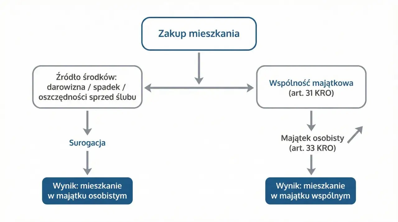 Schemat zakupu mieszkania. Akt notarialny może skutkować nabyciem do majątku osobistego lub wspólnego, zależnie od źródła środków.