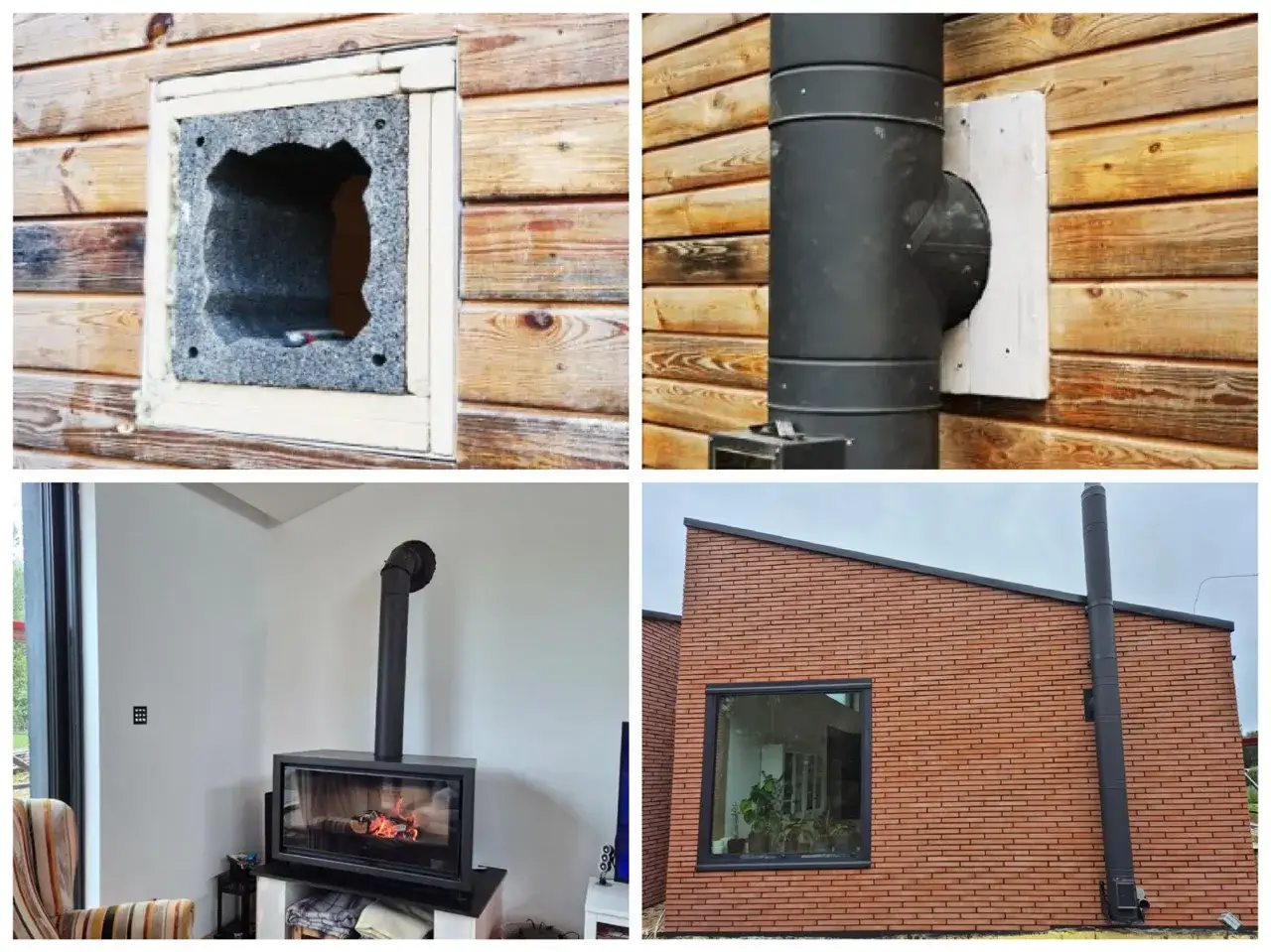 Przejście komina przez ścianę drewnianą, instalacja komina w domu z cegły, nowoczesny kominek w salonie.