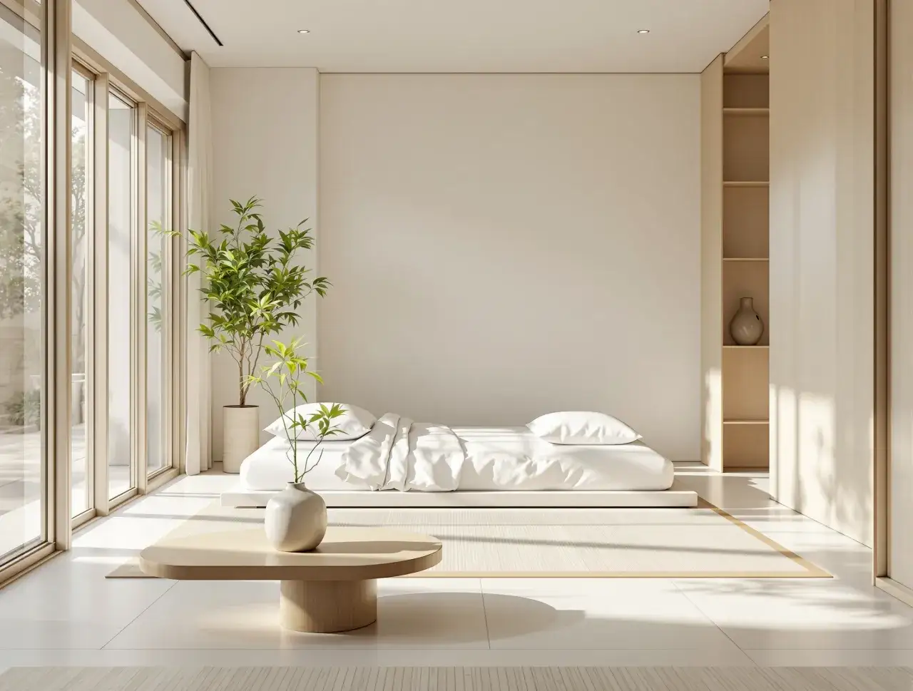 Sypialnia w stylu zen z niskim ł&oacute;żkiem, bambusem w wazonie i minimalistycznym stolikiem. Naturalne światło tworzy spokojną atmosferę.