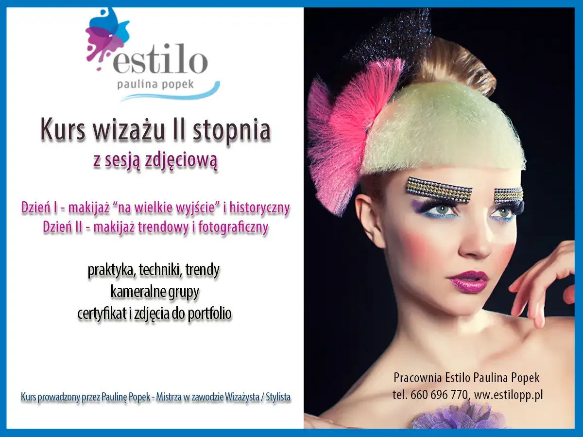 Modelka z awangardowym makijażem tfp, w tym ozdobnymi brwiami i kolorowymi pasemkami. Kurs wizażu II stopnia z sesją zdjęciową.