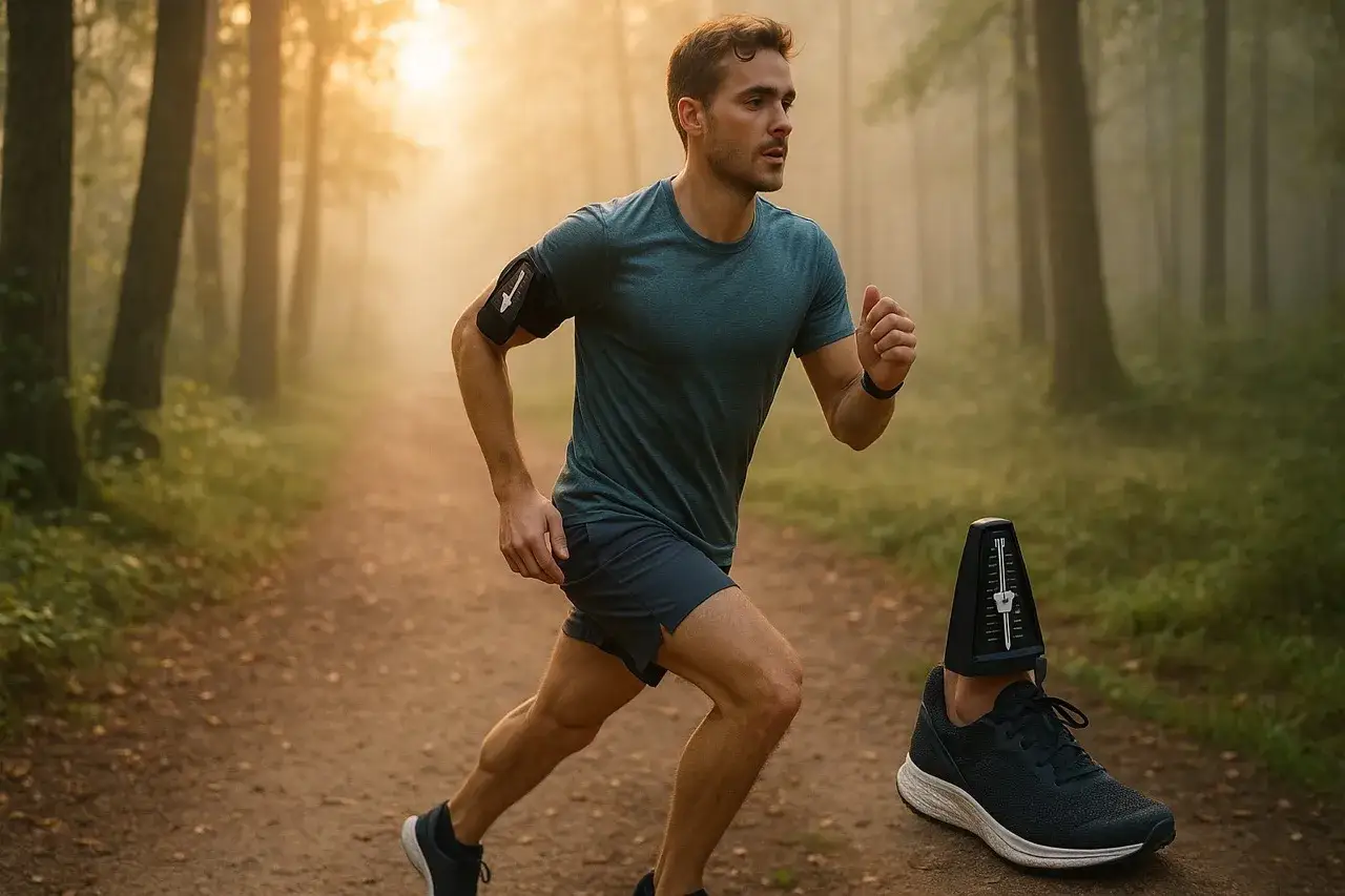 Mężczyzna biegnie w lesie, a na jego bucie zamontowany jest metronom, symbolizujący jak zwiekszyc kadencje w bieganiu.