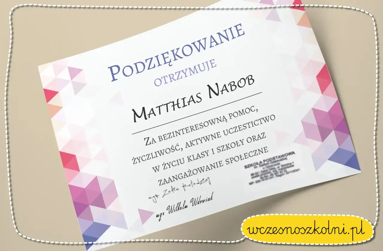 Dyplom z podziękowaniami dla wychowawcy od rodzic&oacute;w. Matthias Nabob otrzymuje podziękowania za pomoc i zaangażowanie.
