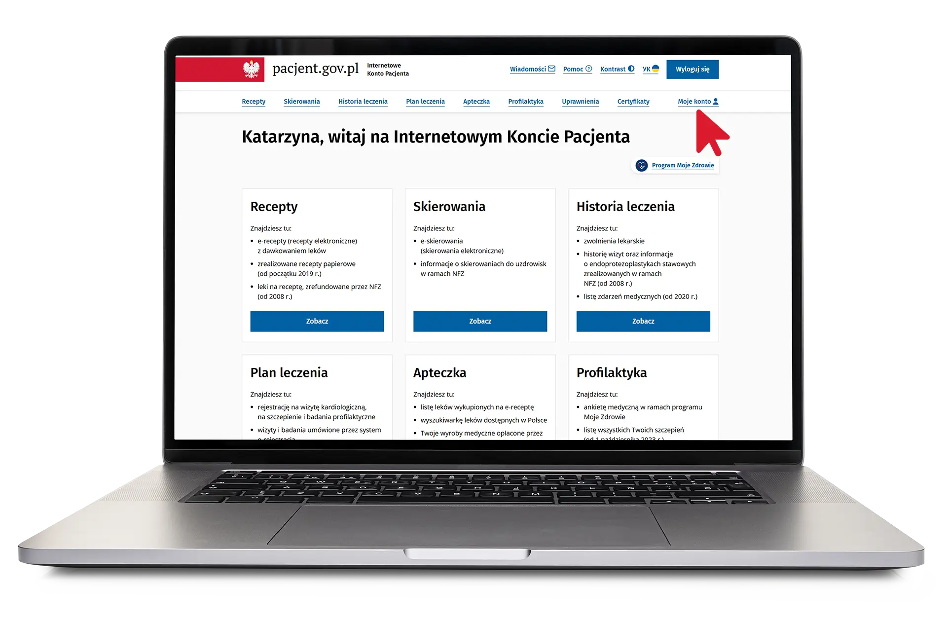 Na ekranie laptopa widoczny jest Internetowe Konto Pacjenta. W sekcji 