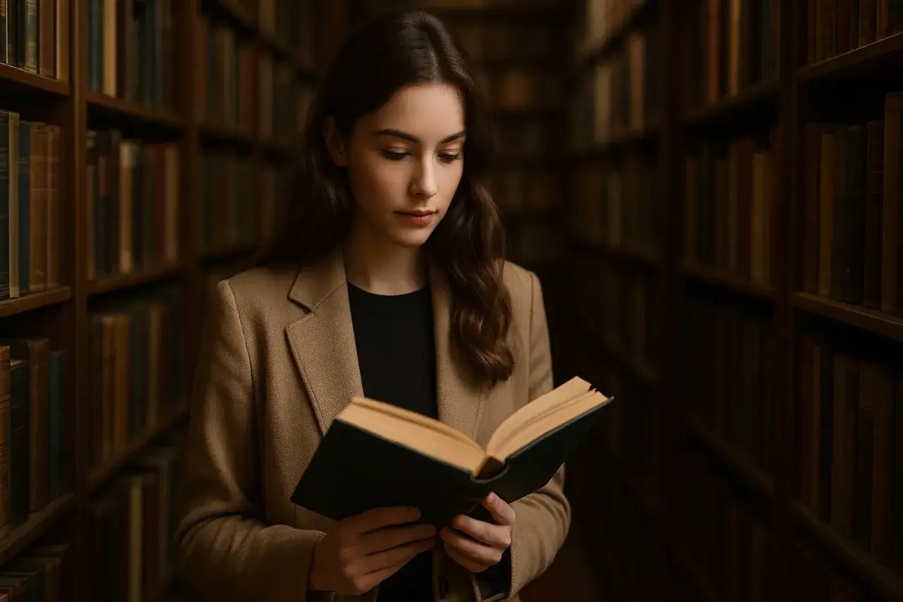 Młoda kobieta w beżowym płaszczu przegląda książkę w bibliotece. W tle widać regały pełne tomów, które mogą stanowić kanon literatury światowej.