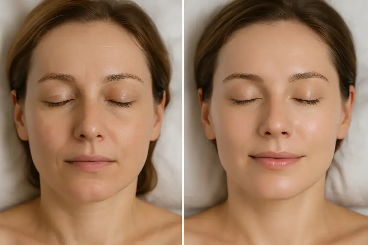 Przed i po oczyszczaniu wodorowym. Skóra po zabiegu jest gładsza, bez widocznych niedoskonałości i zaczerwienień. Brak skutków ubocznych.