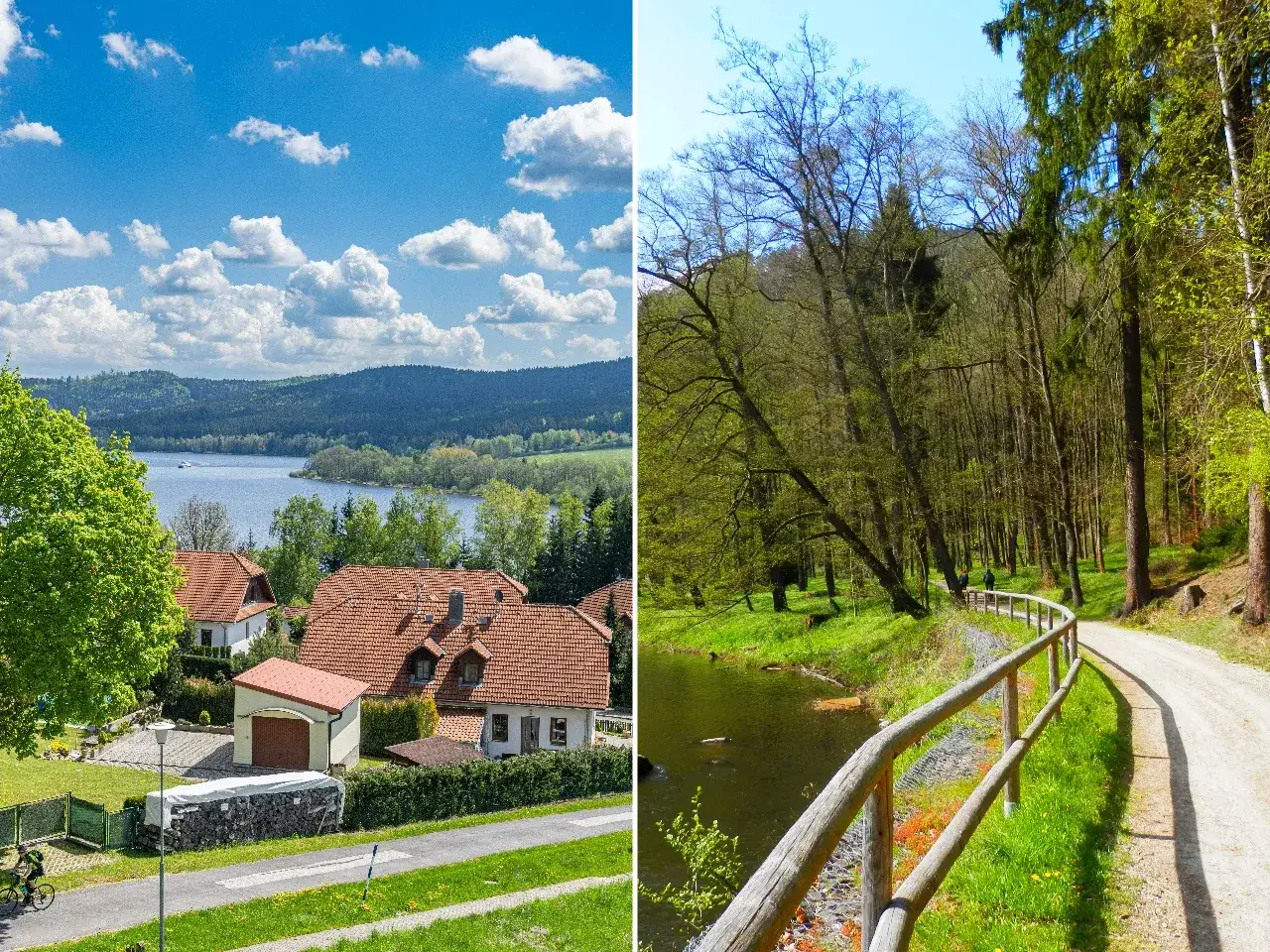 Dwa widoki: malownicza wieś nad jeziorem i leśna ścieżka. Idealne miejsca, gdzie na rower.