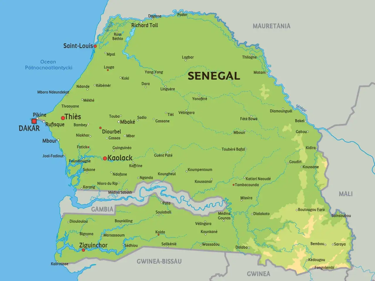 Mapa polityczna Senegalu, pokazująca jego położenie w Afryce Zachodniej, między Oceanem Atlantyckim a Mauretanią, Mali, Gwineą i Gwineą Bissau.