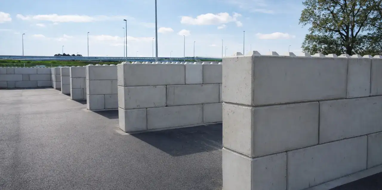 Solidny mur oporowy z bloczków betonowych, tworzący labirynt.