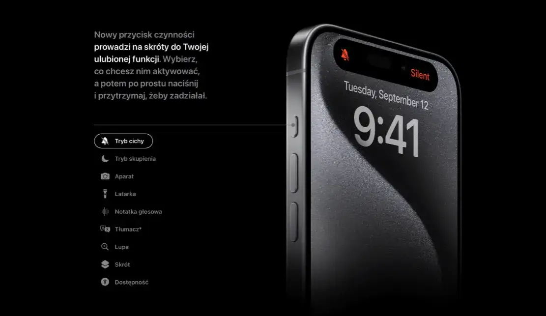 iPhone 15 Pro tytanowy przycisk czynności