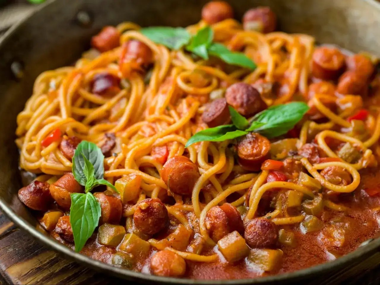 Pyszne spaghetti z kiełbasą i warzywami w sosie pomidorowym. Idealny pomysł, co zrobic z makaronem spaghetti na szybki obiad.