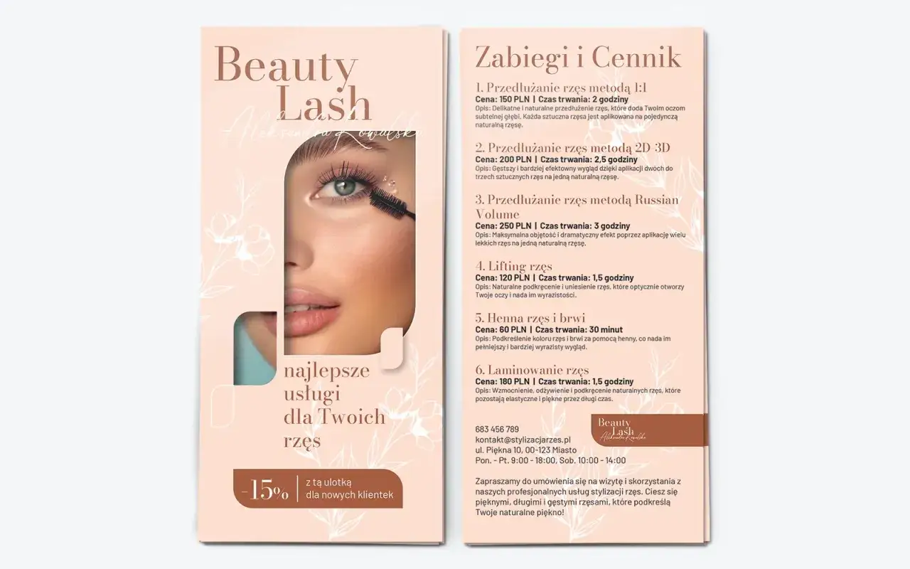 Cennik usług Beauty Lash: przedłużanie rzęs metodą 1:1 kosztuje 150 PLN, 2D/3D - 200 PLN, Russian Volume - 250 PLN. Lifting rzęs - 120 PLN.