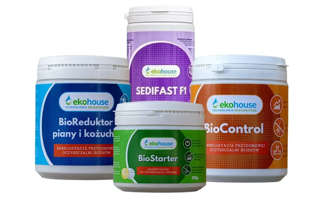 Produkty EkoHouse: BioReduktor, SediFast F1, BioStarter, BioControl. Pomogą Ci jak pozbyć się brzydkiego zapachu z oczyszczalni ścieków.