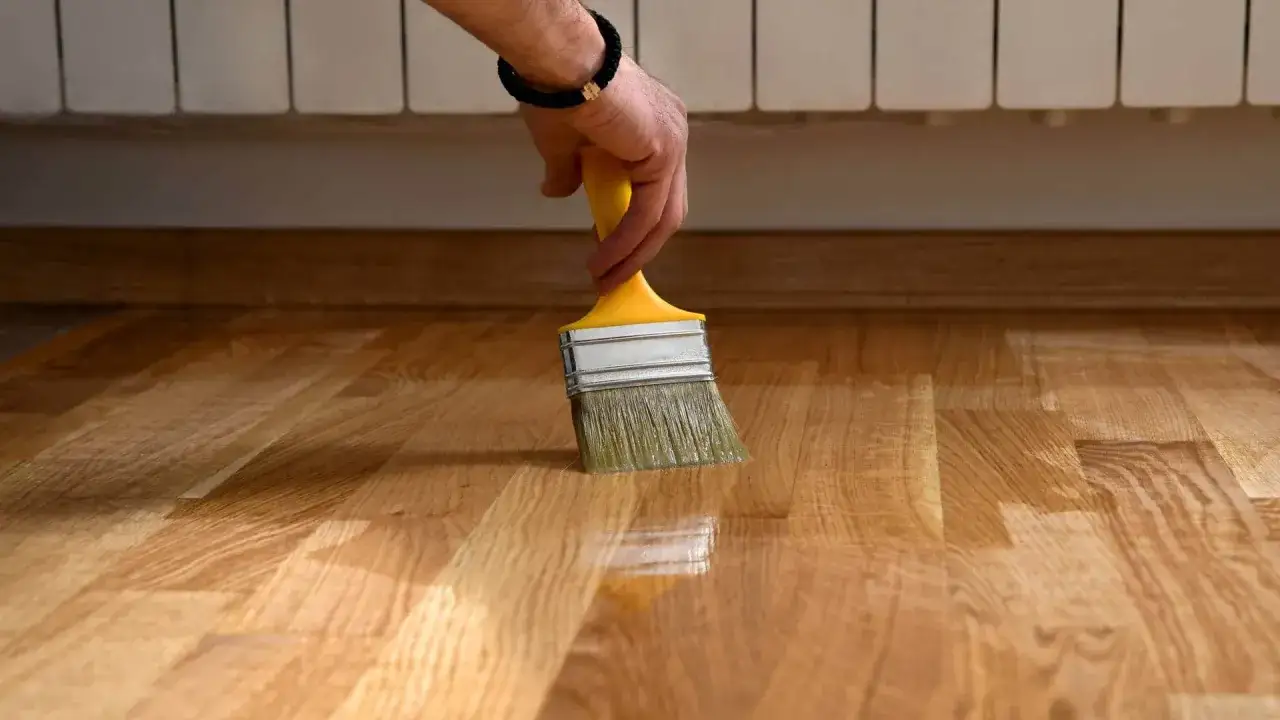 Ręka z pędzlem nakłada lakier na drewniany parkiet, odnawiając jego blask.