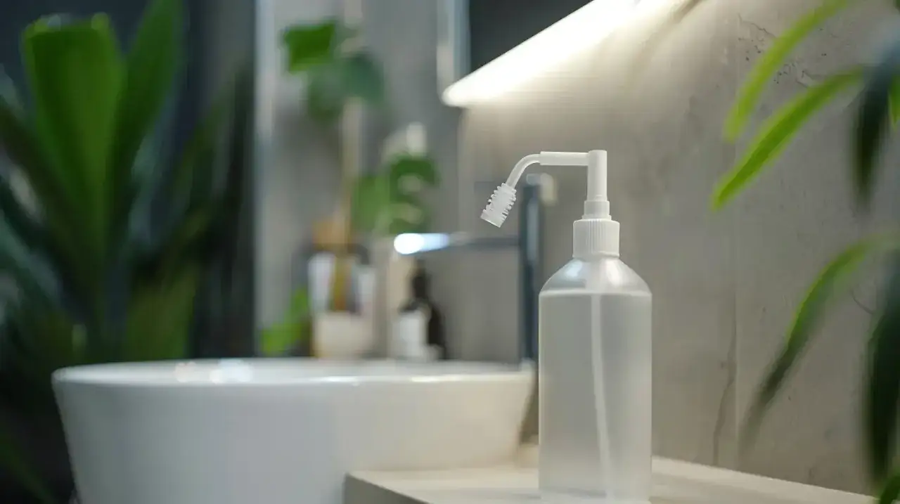 Płyn do płukania nosa, który może pomóc w walce z katarem. W tle łazienka z roślinami.