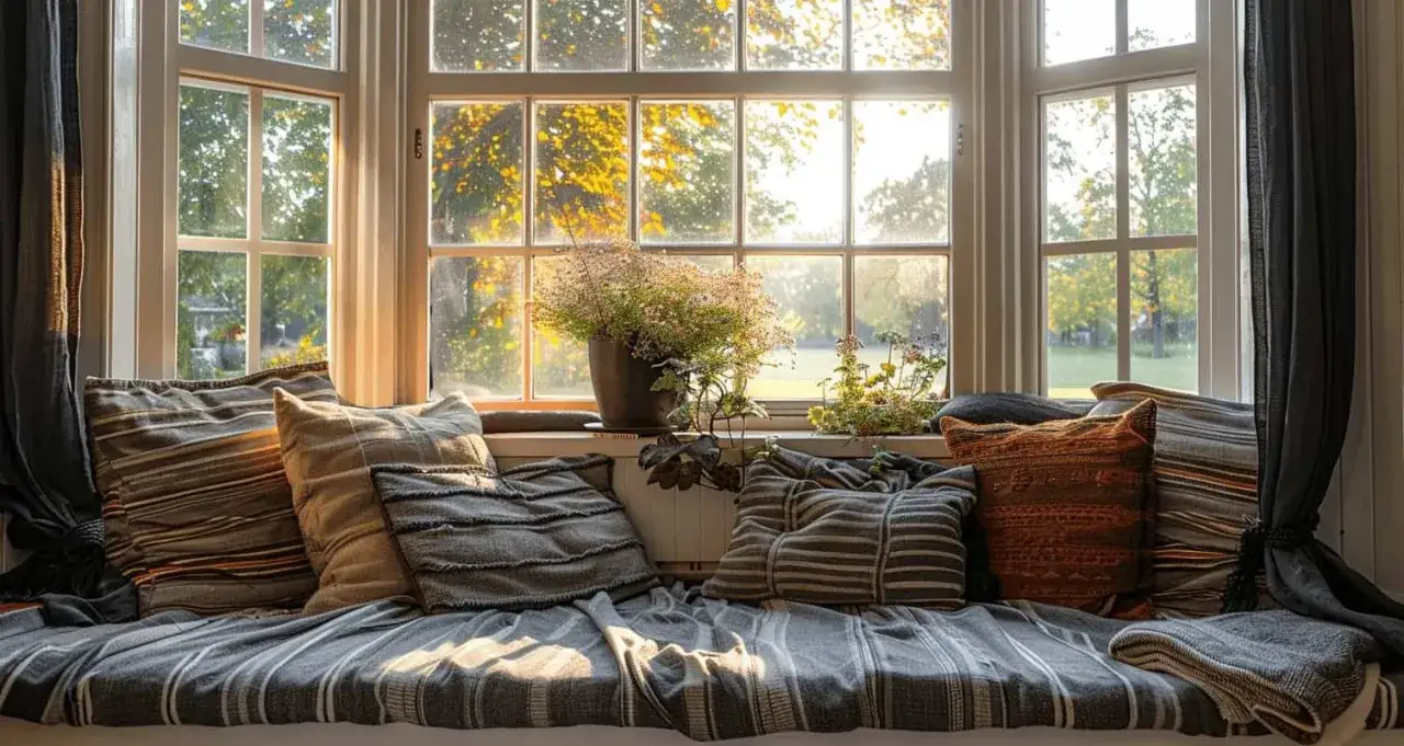 Przytulne siedzisko pod oknem, pełne miękkich poduszek, zaprasza do odpoczynku. Złote światło jesieni wpada przez szyby, oświetlając rośliny i tworząc ciepłą atmosferę.