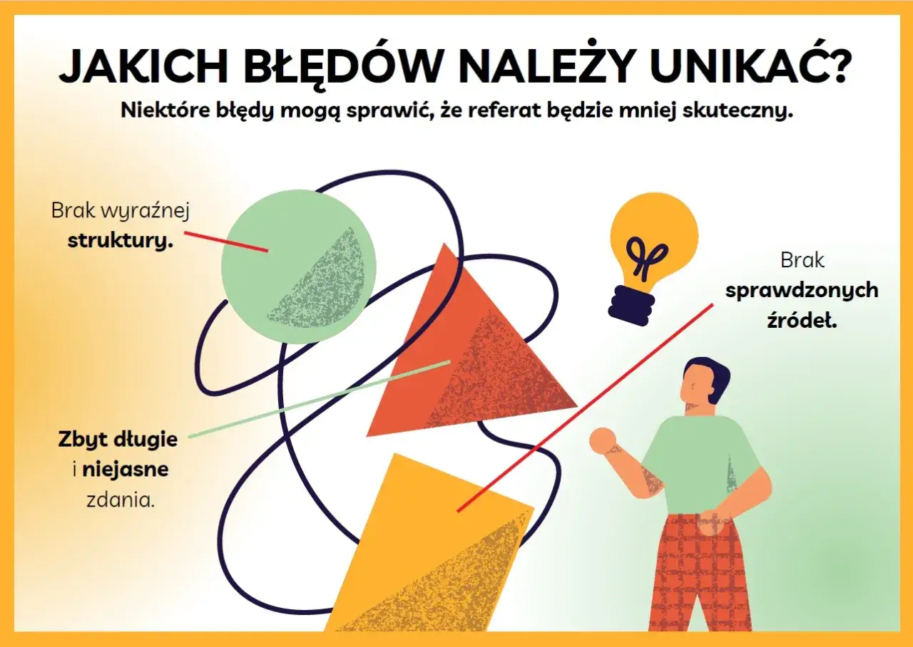 Unikaj błęd&oacute;w w referacie: brak struktury, długie zdania, brak źr&oacute;deł. Skuteczny referat wymaga jasności i dobrych podstaw.