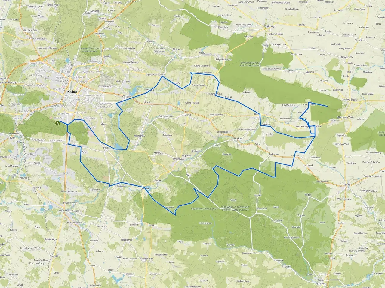 Trasa rowerowa wok&oacute;ł Kielc, wiodąca przez malownicze tereny, w tym Rezerwat Białe Ługi. Idealna dla miłośnik&oacute;w aktywnego wypoczynku.