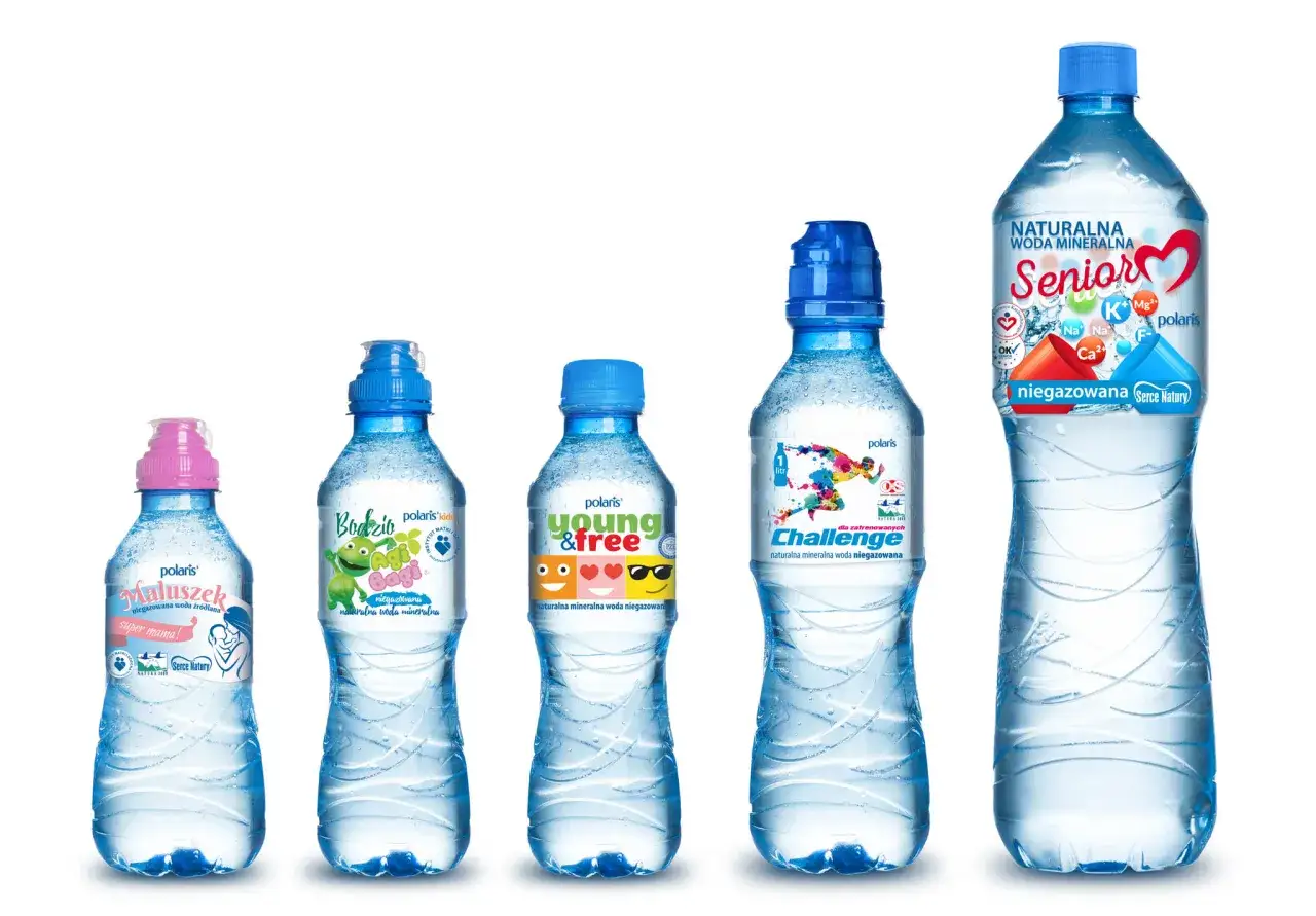 Różne butelki wody mineralnej Polaris: Maluszek, Bodzio, Young & Free, Challenge i Senior. Jaka woda dla dzieci? Maluszek i Bodzio to idealne propozycje.