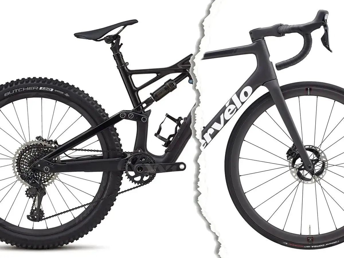 Porównanie: pełne zawieszenie roweru MTB z szerokimi oponami i elegancki rower szosowy Cervélo.