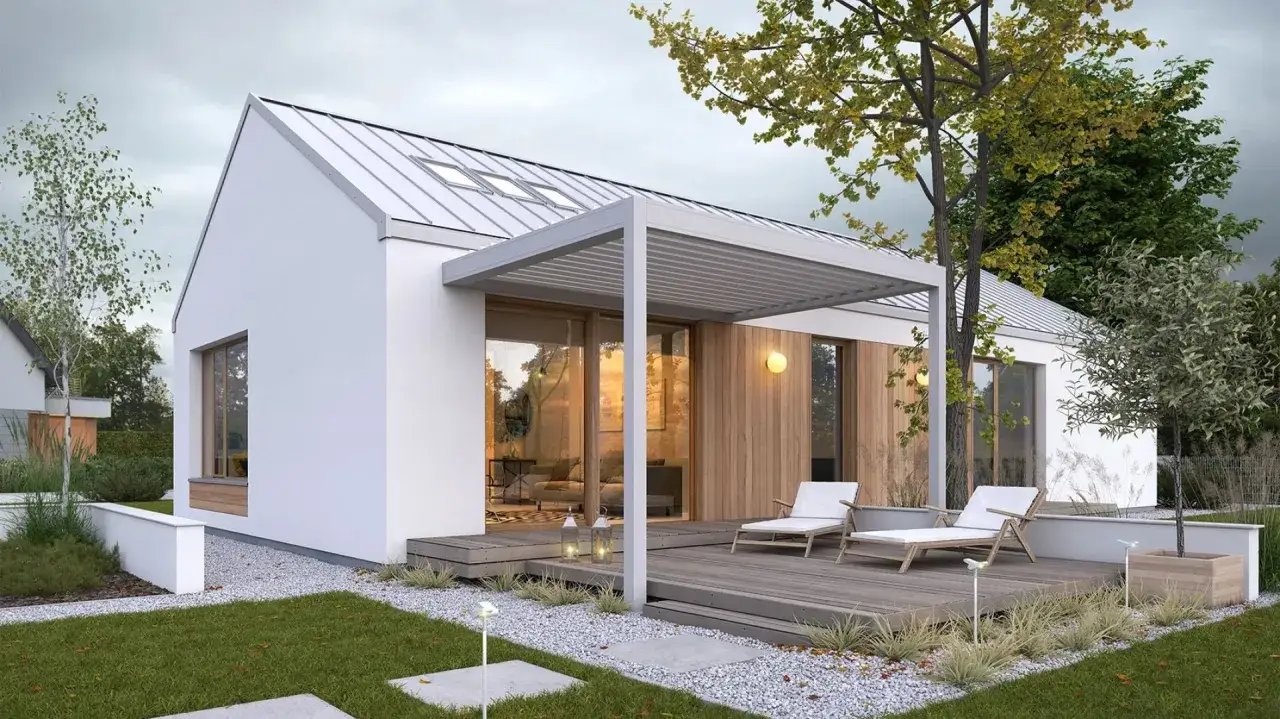 Nowoczesna stodoła z tarasem, idealna na relaks. Dwa leżaki czekają na słońce.