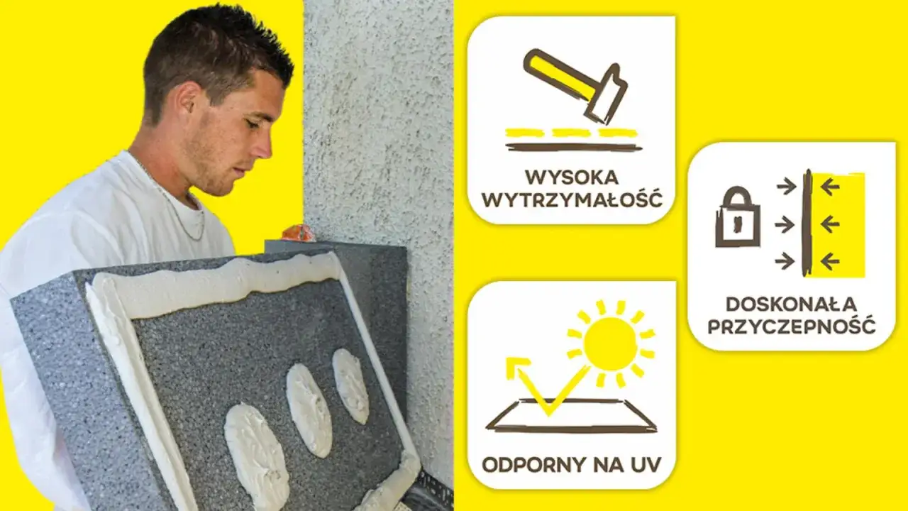 Budowlaniec używa kleju do siatki białego z włóknem do izolacji. Produkt zapewnia wysoką wytrzymałość, doskonałą przyczepność i odporność na UV.