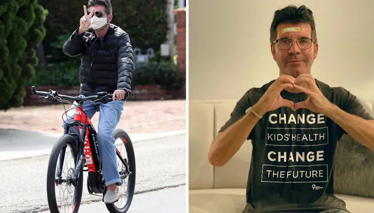 Simon Cowell, mimo plotek, że czy Simon Cowell nie żyje, jeździ na rowerze i pokazuje znak pokoju. Na drugim zdjęciu robi serce rękami.