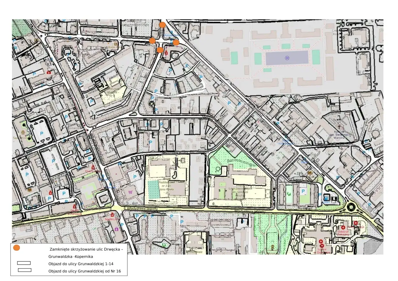Mapa zkm Ostróda rozkład jazdy: zamknięte skrzyżowanie Drwęcka-Kopernika, objazdy ulic Grunwaldzkiej.