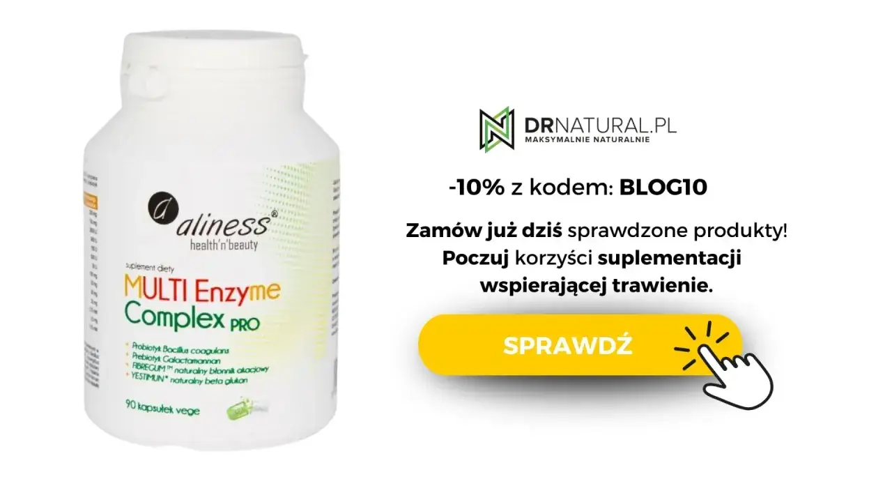Suplement diety Aliness Multi Enzyme Complex PRO, co wspomaga trawienie. Poczuj korzyści suplementacji. Zamów z kodem BLOG10.
