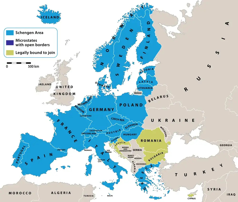 Mapa Strefy Schengen z zaznaczoną Norwegią