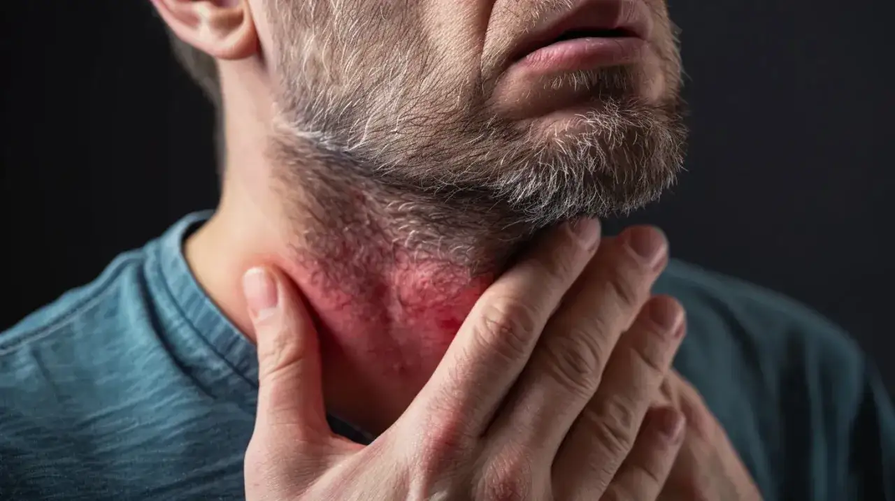 Czerwone, bolące gardło mężczyzny, objaw infekcji, być może paciorkowiec w gardle.