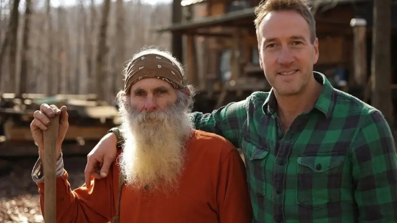 Dwóch mężczyzn, jeden z długą brodą i chustą na głowie, drugi w zielonej koszuli w kratę, pozuje na tle lasu. Witamy na odludziu!