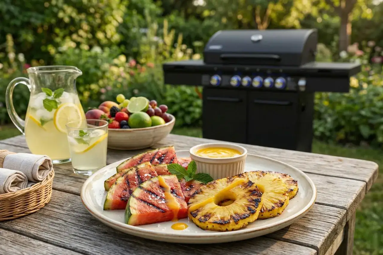 Letni deser na grilla: grillowany ananas i arbuz z sosem mango. Obok dzbanek lemoniady i miska owoców.