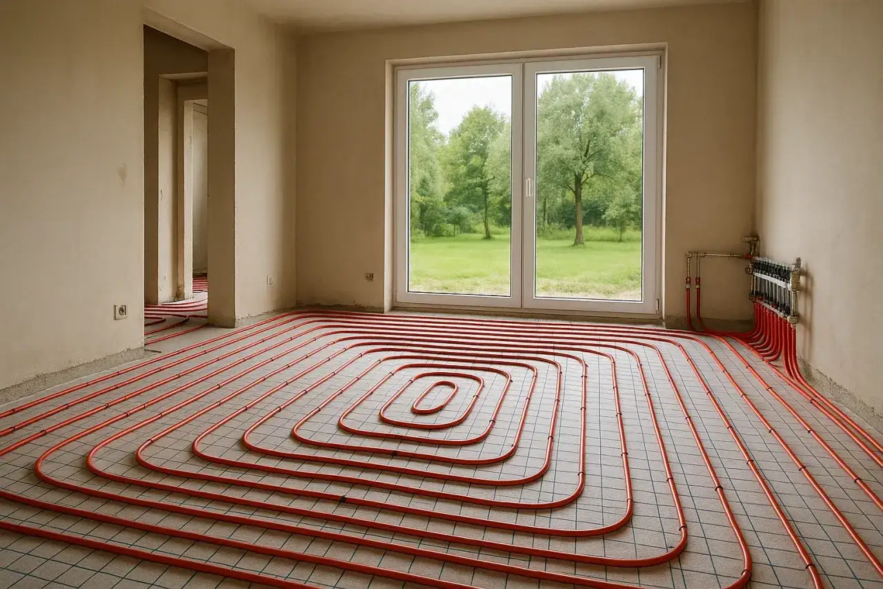 Instalacja wodnego ogrzewania podłogowego w nowym domu. Rury tworzą spiralny wzór, przygotowane do wylania jastrychu.