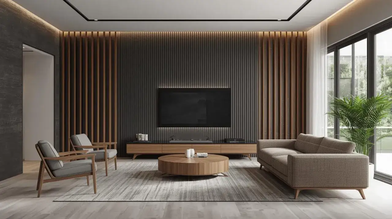 Nowoczesny salon z telewizorem na tle pionowych lameli. Inspiracja, jak zrobić lamele, by nadać wnętrzu ciepła i stylu.