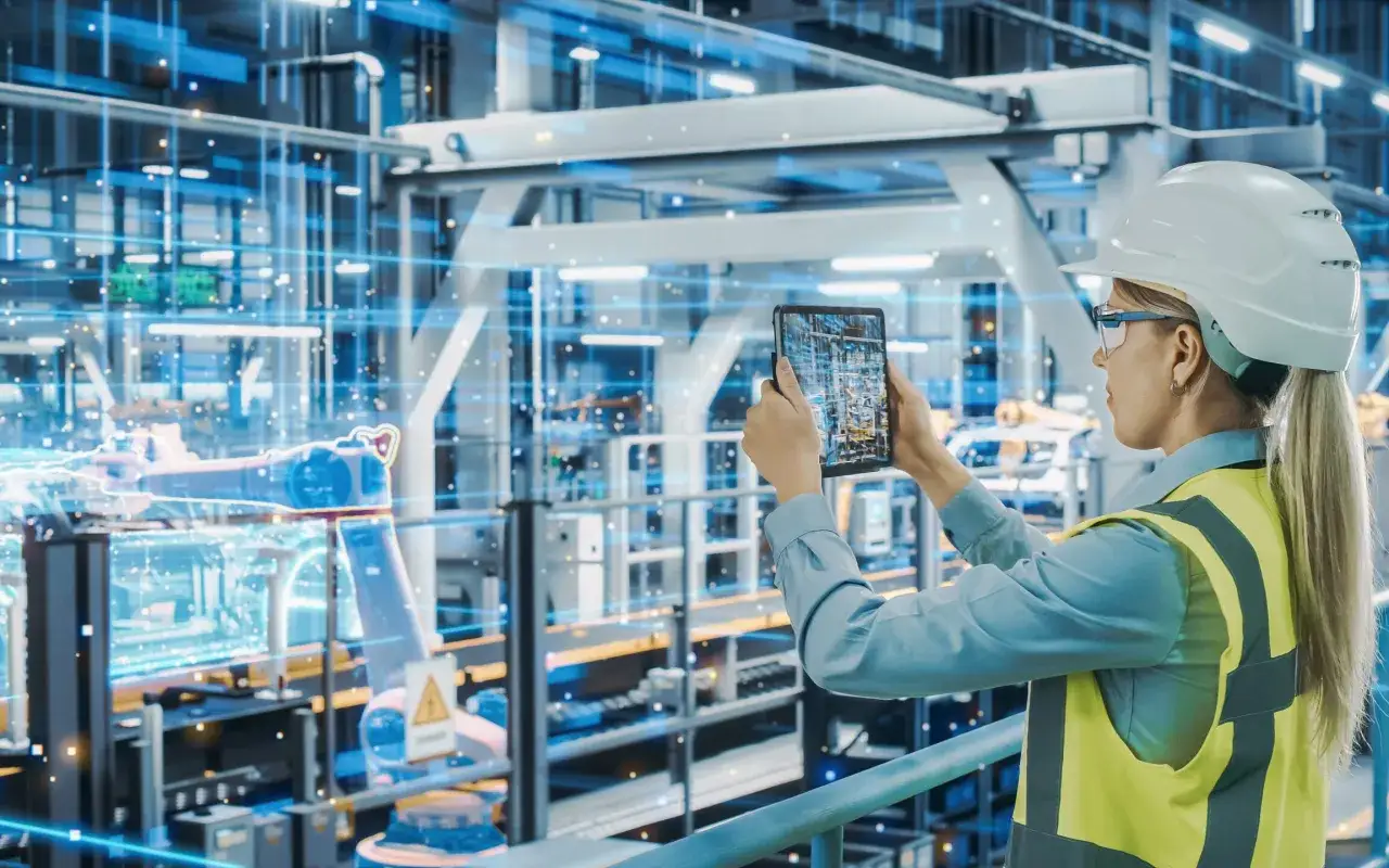 Kobieta w kamizelce odblaskowej analizuje na tablecie schemat nowoczesnej fabryki, pokazujący innowacje w logistyce przykłady.