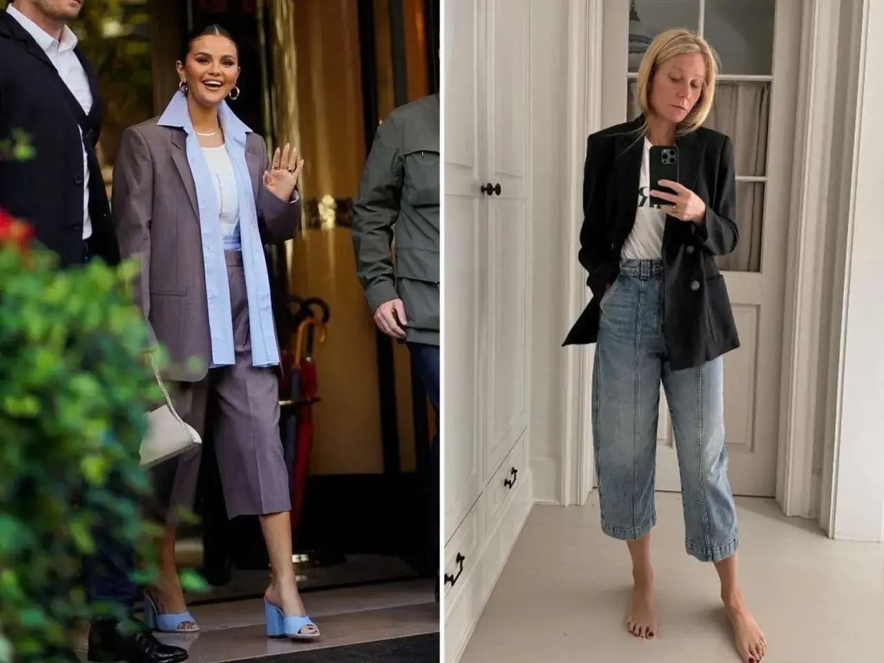 Selena Gomez w szarym garniturze i Gwyneth Paltrow w jeansach i marynarce. Obie noszą spódnico-spodnie do kolan.