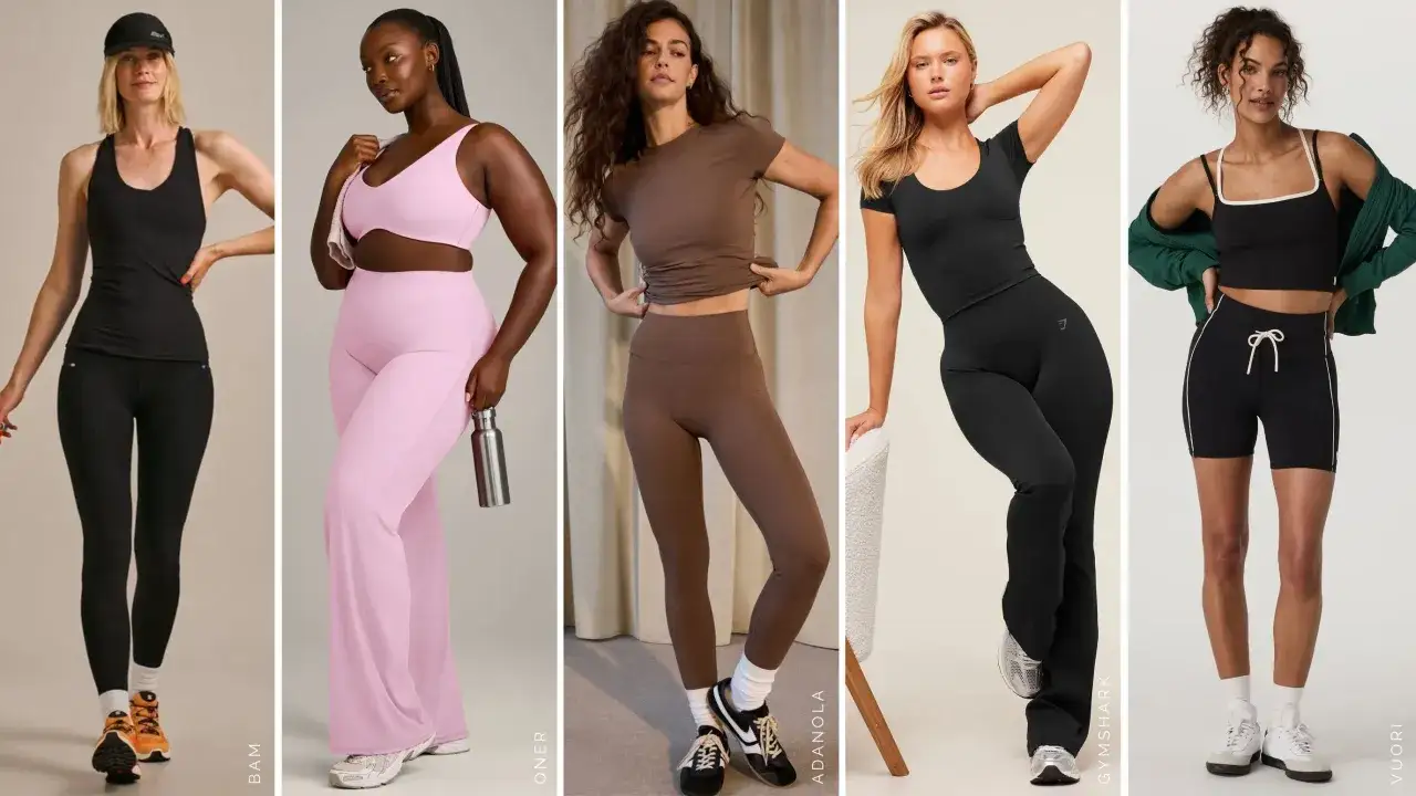 Kobiety w strojach do pilates: czarny komplet, r&oacute;żowy zestaw, brązowy outfit, czarne legginsy i szorty.