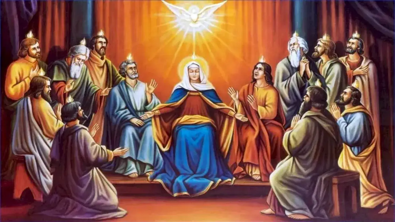 Zesłanie Ducha Świętego na Maryję i Apostołów. Płomienie nad głowami symbolizują natchnienie.