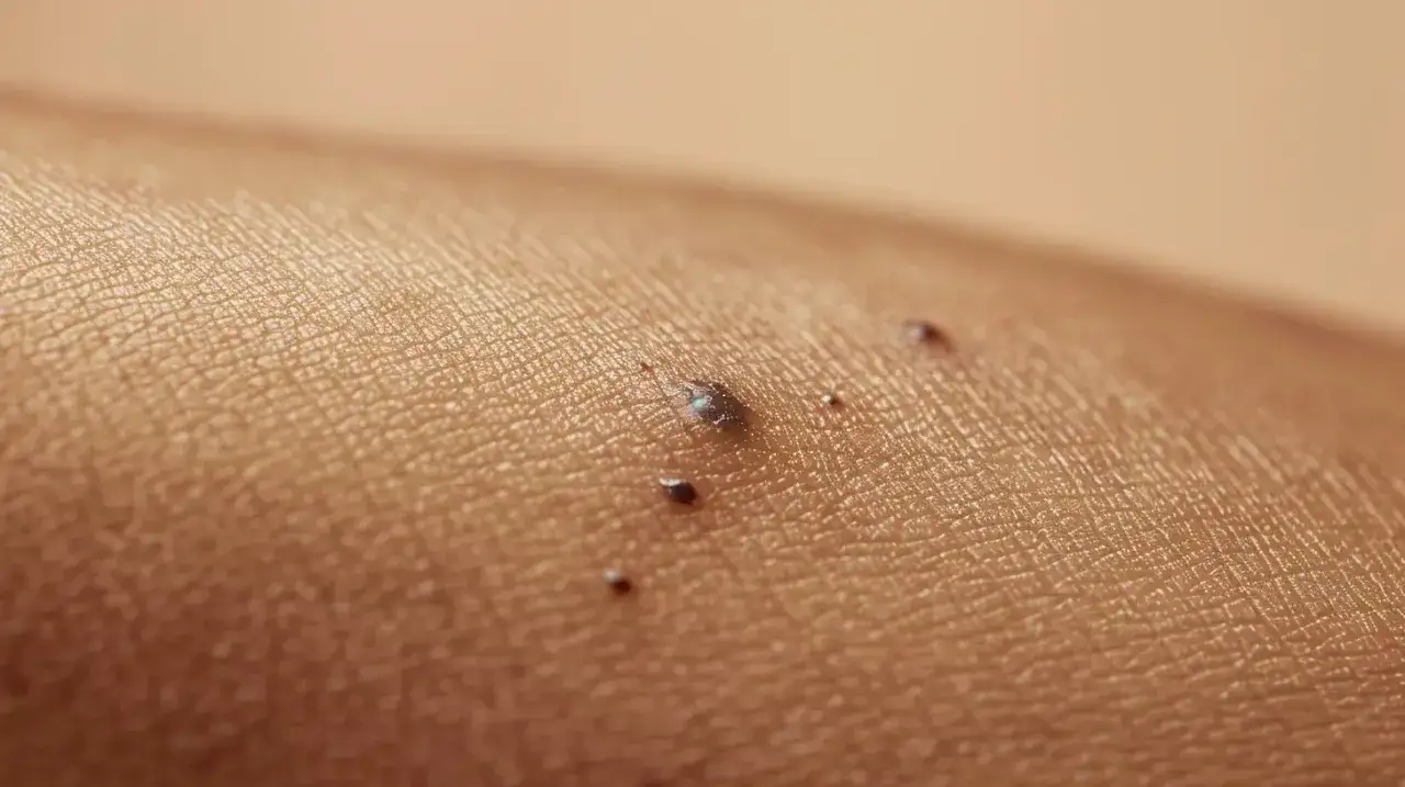 Zbliżenie na skórę z kilkoma ciemnymi znamionami, jedno z nich ma nieregularny kształt i połysk. Tak może wyglądać czerniak.