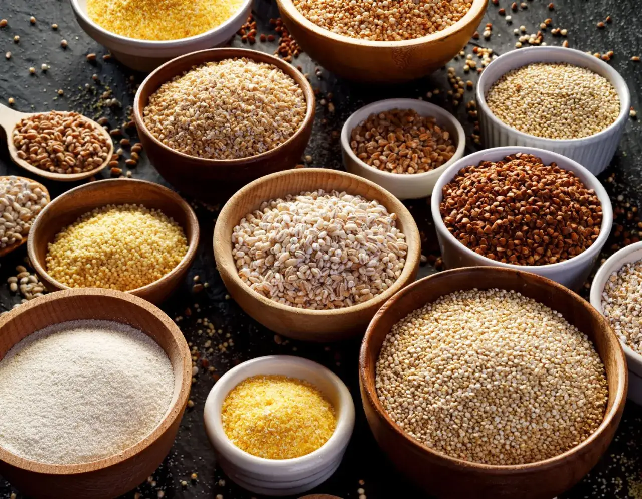 różne rodzaje kasz w miseczkach