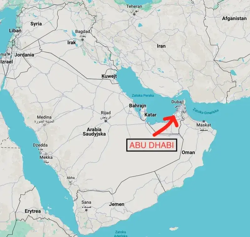 Mapa Zjednoczonych Emirat&oacute;w Arabskich z zaznaczonym Dubajem i Abu Zabi