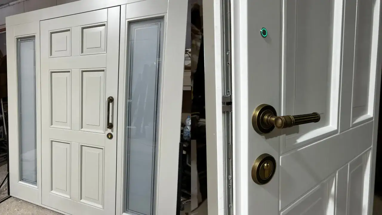 Eleganckie wzory drzwi wewnętrznych drewnianych, białe, z przeszkleniami i ozdobnymi uchwytami.