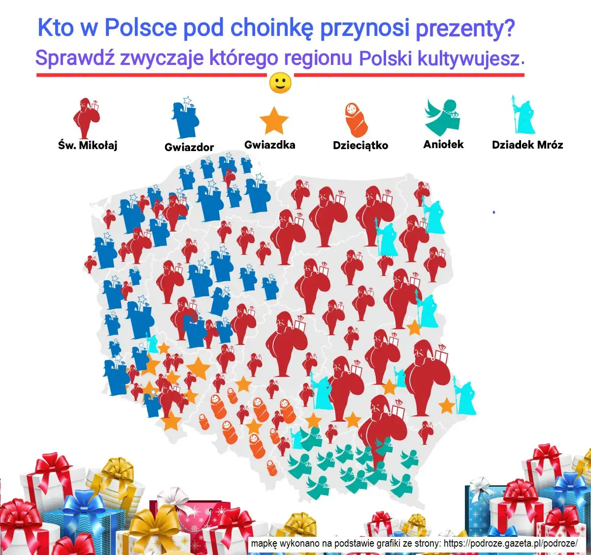 Mapa Polski regionalne postacie przynoszące prezenty Boże Narodzenie