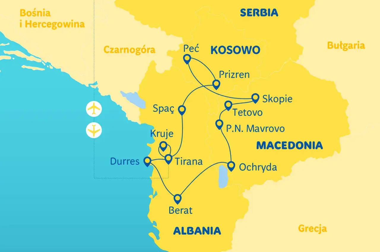 Mapa pokazuje, gdzie leży Czarnog&oacute;ra, obok Bośni i Hercegowiny, Serbii i Kosowa. Trasa wycieczki obejmuje Albanię, Macedonię i inne kraje.